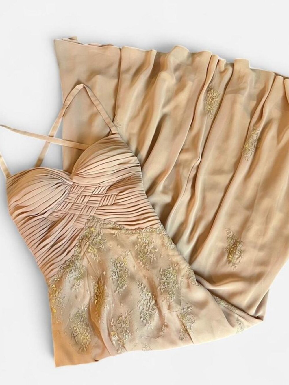 Tan Pleated Formal Dress with Lace